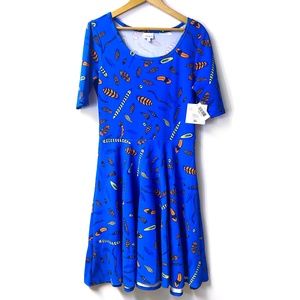 NEW LuLaRoe Nicole Women's Blue Feathers Fit & Flare Dress Scoop Neck | Size XL
